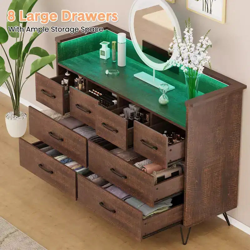 Commode 8 tiroirs avec station de charge et lumières RVB | Commode de chambre large avec 3 prises + 2 ports USB, éclairage LED contrôlé par application pour le jeu