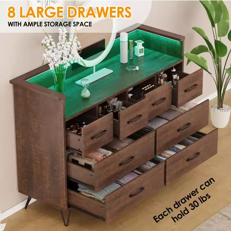 Commode 8 tiroirs avec station de charge et lumières RVB | Commode de chambre large avec 3 prises + 2 ports USB, éclairage LED contrôlé par application pour le jeu