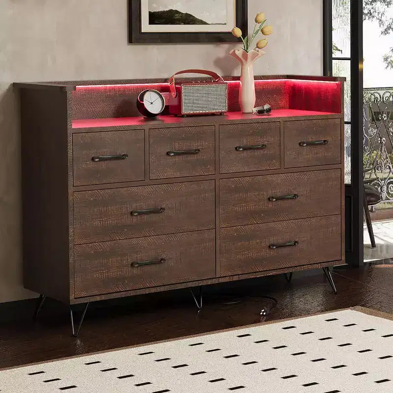 8-Drawer Dresser with Charging Station & RGB Lights | Wide Bedroom Dresser Chest with 3 Outlets + 2 USB Ports, App-Controlled LED Lighting for Gaming