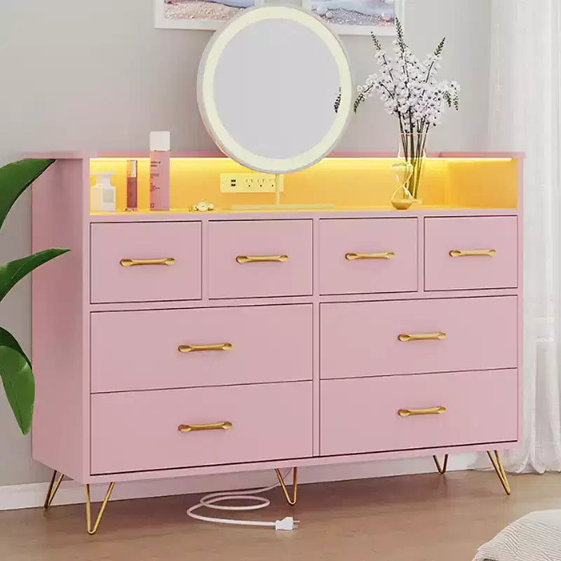 Commode 8 tiroirs avec station de charge et lumières RVB | Commode de chambre large avec 3 prises + 2 ports USB, éclairage LED contrôlé par application pour le jeu