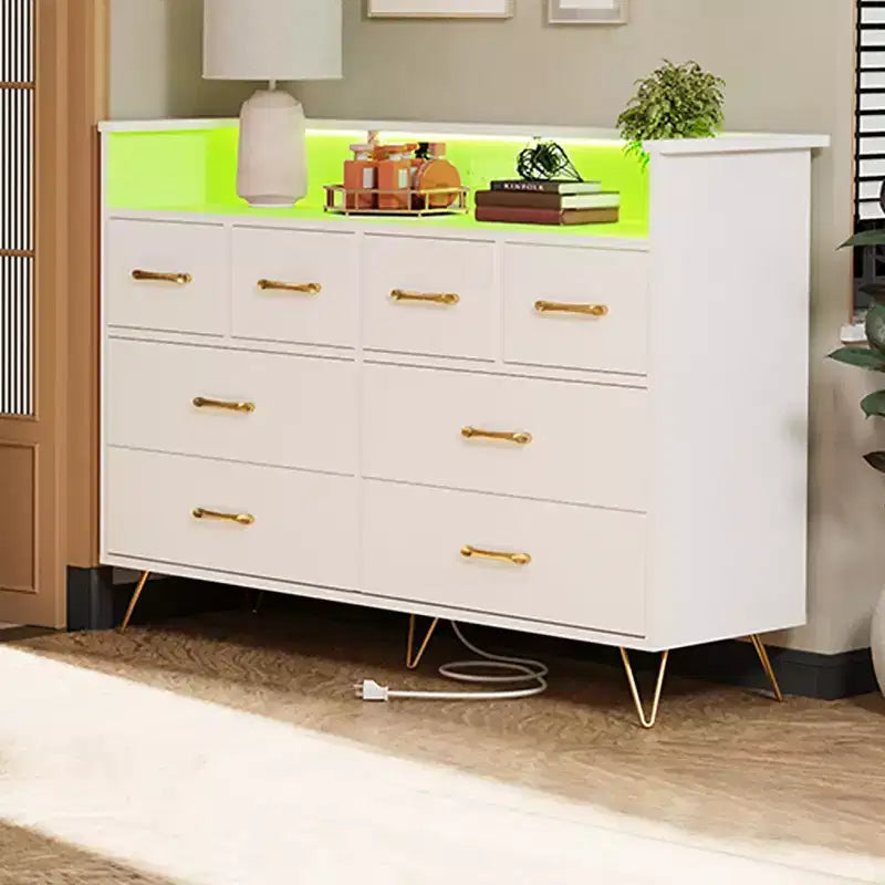 Commode 8 tiroirs avec station de charge et lumières RVB | Commode de chambre large avec 3 prises + 2 ports USB, éclairage LED contrôlé par application pour le jeu