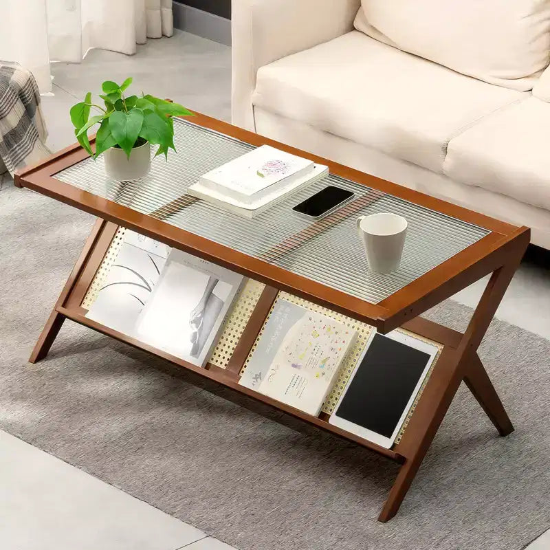 GDFStudio Gnar Mid-Century Modern 39.4 Wood Coffee Tables with Glass Top and Rattan Shelf
