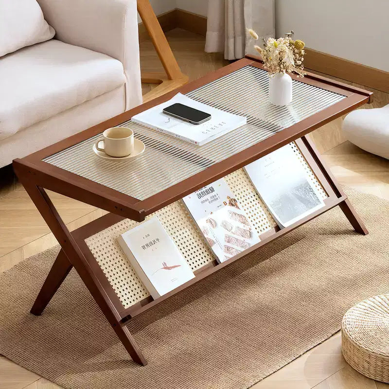 Tables basses en bois Mid-Century Modern 39,4 avec plateau en verre et étagère en rotin