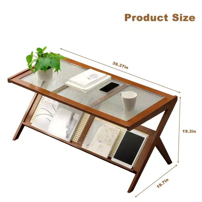 Tables basses en bois Mid-Century Modern 39,4 avec plateau en verre et étagère en rotin