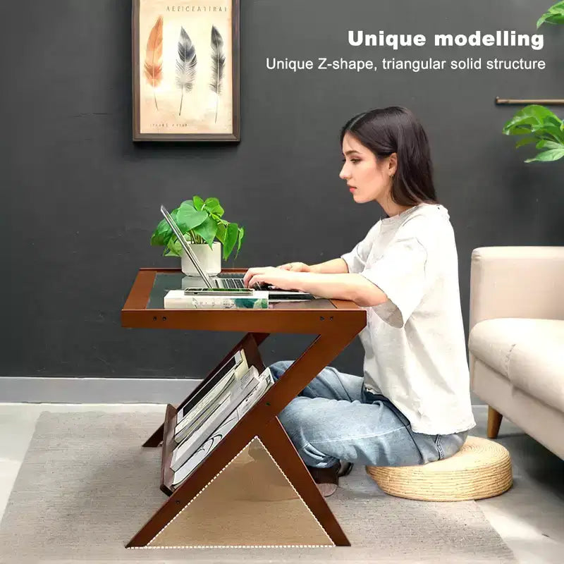 Tables basses en bois Mid-Century Modern 39,4 avec plateau en verre et étagère en rotin
