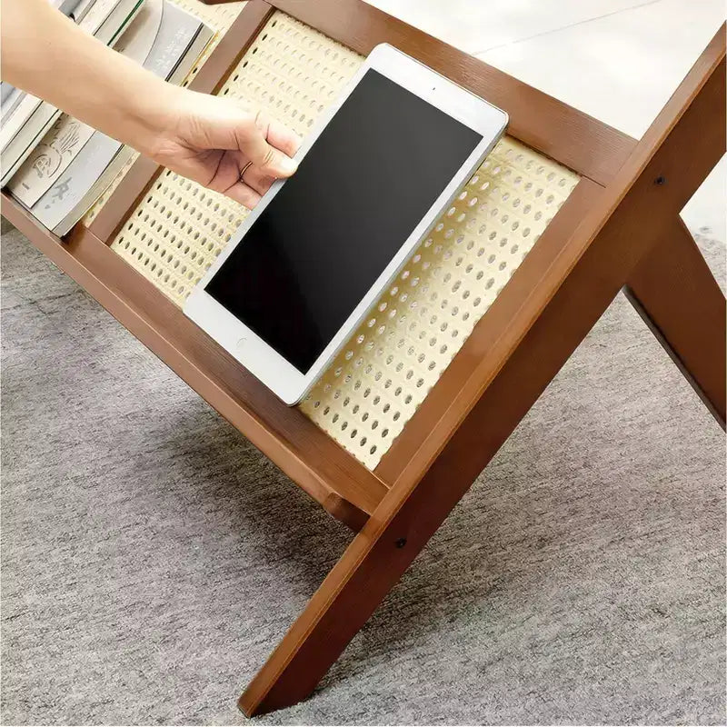 Tables basses en bois Mid-Century Modern 39,4 avec plateau en verre et étagère en rotin