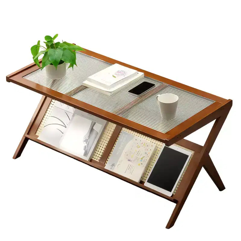 Tables basses en bois Mid-Century Modern 39,4 avec plateau en verre et étagère en rotin
