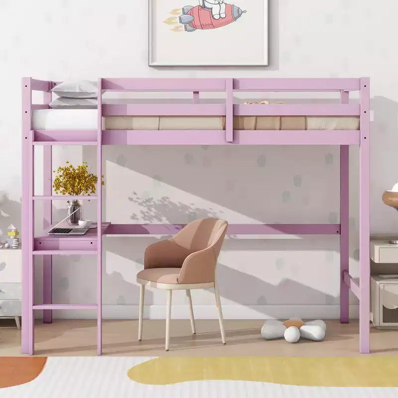 MAYEERTY Twin High Loft Bed with Safety Guardrail, Bulit-in Desk, Ladder Pink