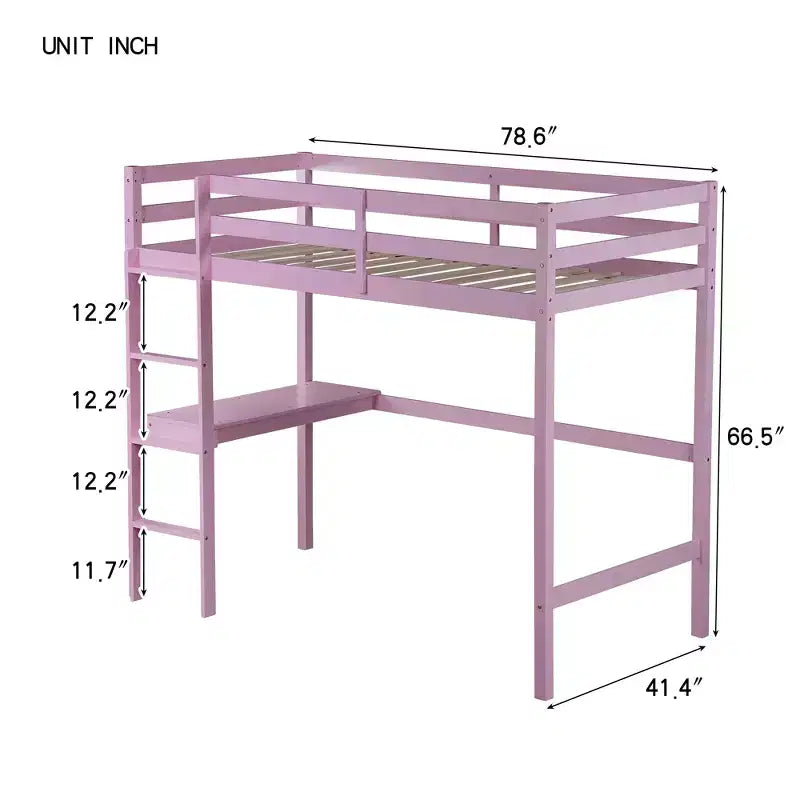 Lit mezzanine surélevé double avec garde-corps de sécurité, bureau intégré, échelle Rose