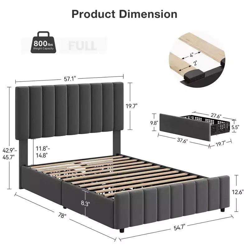 Lit plateforme capitonné en lin avec tête de lit réglable et 4 tiroirs de rangement, support à lattes en bois robuste et sans sommier tapissier requis