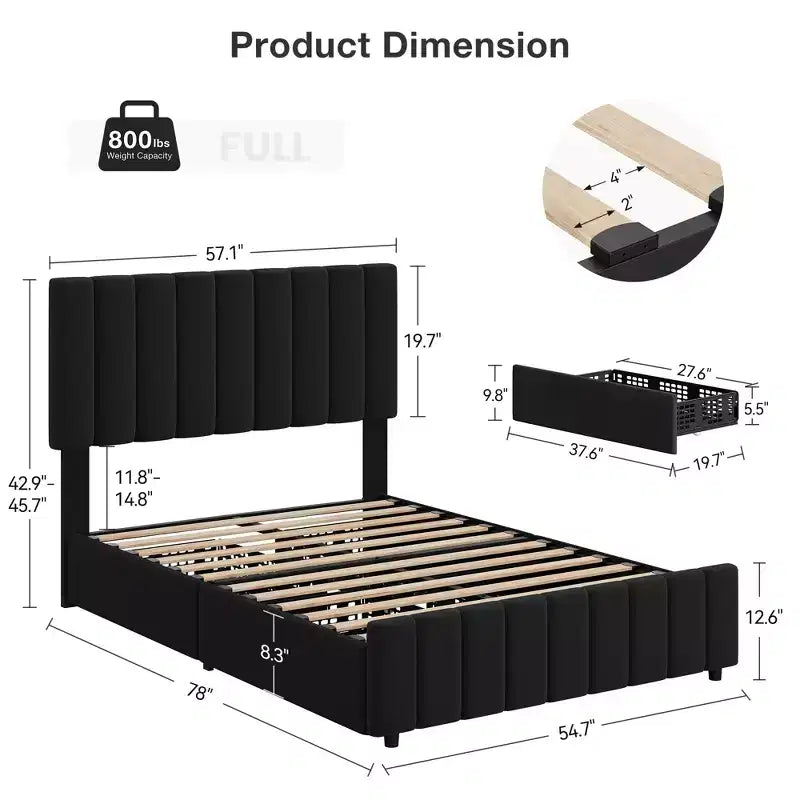 Lit plateforme capitonné en lin avec tête de lit réglable et 4 tiroirs de rangement, support à lattes en bois robuste et sans sommier tapissier requis