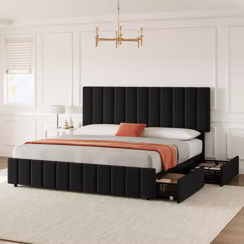 Linen Quilted Upholstered Platform Bed with Adjustable Headboard & 4 Storage Drawers, Sturdy Wooden Slats Support & No Box Spring Needed