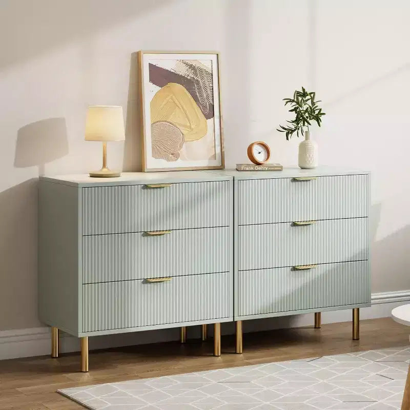 Commode en bois cannelé à 3 tiroirs, 71 cm de large, coffre moderne, organisateur de rangement de chambre avec poignée dorée pour salon, entrée, couloir