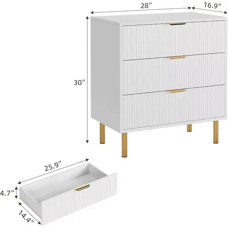 Commode en bois cannelé à 3 tiroirs, 71 cm de large, coffre moderne, organisateur de rangement de chambre avec poignée dorée pour salon, entrée, couloir