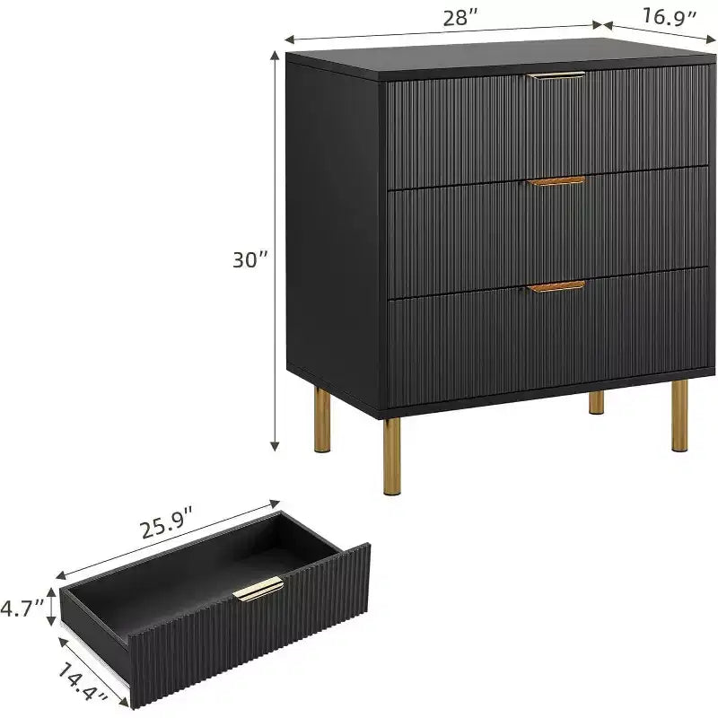 Commode en bois cannelé à 3 tiroirs, 71 cm de large, coffre moderne, organisateur de rangement de chambre avec poignée dorée pour salon, entrée, couloir