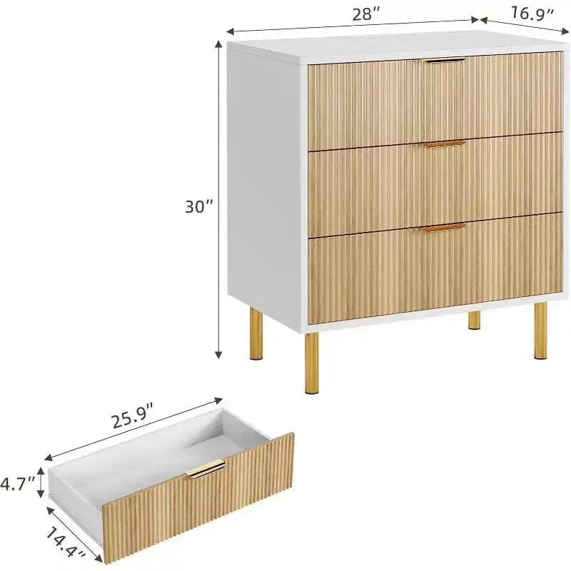 Commode en bois cannelé à 3 tiroirs, 71 cm de large, coffre moderne, organisateur de rangement de chambre avec poignée dorée pour salon, entrée, couloir