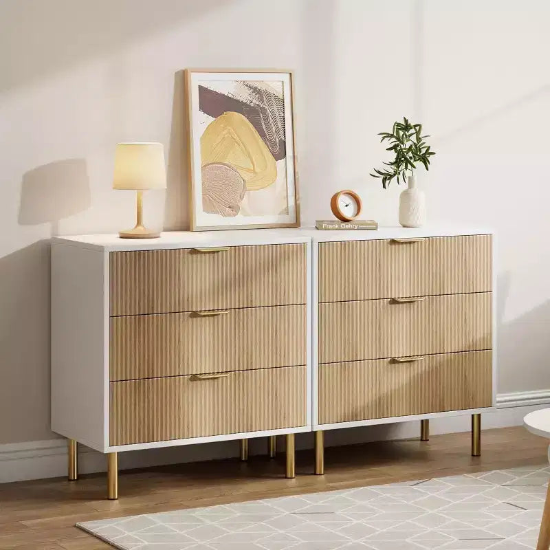 Commode en bois cannelé à 3 tiroirs, 71 cm de large, coffre moderne, organisateur de rangement de chambre avec poignée dorée pour salon, entrée, couloir