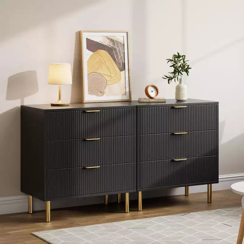 Commode en bois cannelé à 3 tiroirs, 71 cm de large, coffre moderne, organisateur de rangement de chambre avec poignée dorée pour salon, entrée, couloir