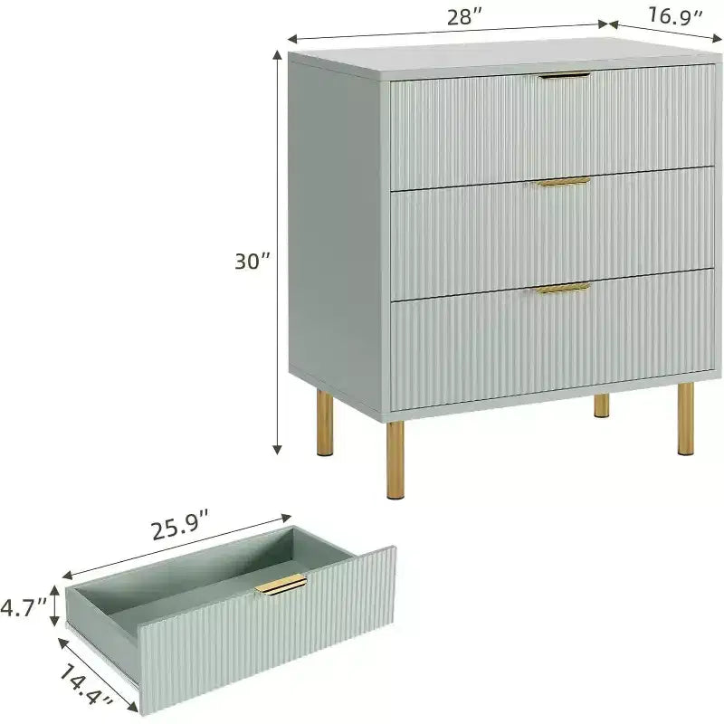 Commode en bois cannelé à 3 tiroirs, 71 cm de large, coffre moderne, organisateur de rangement de chambre avec poignée dorée pour salon, entrée, couloir