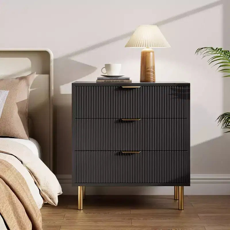 Acekool Fluted Wood 3 Drawer Dresser, 28 Wide Modern Chest, Bedroom Storage Organizer with Gold Handle for Living Room Entryway Hallway