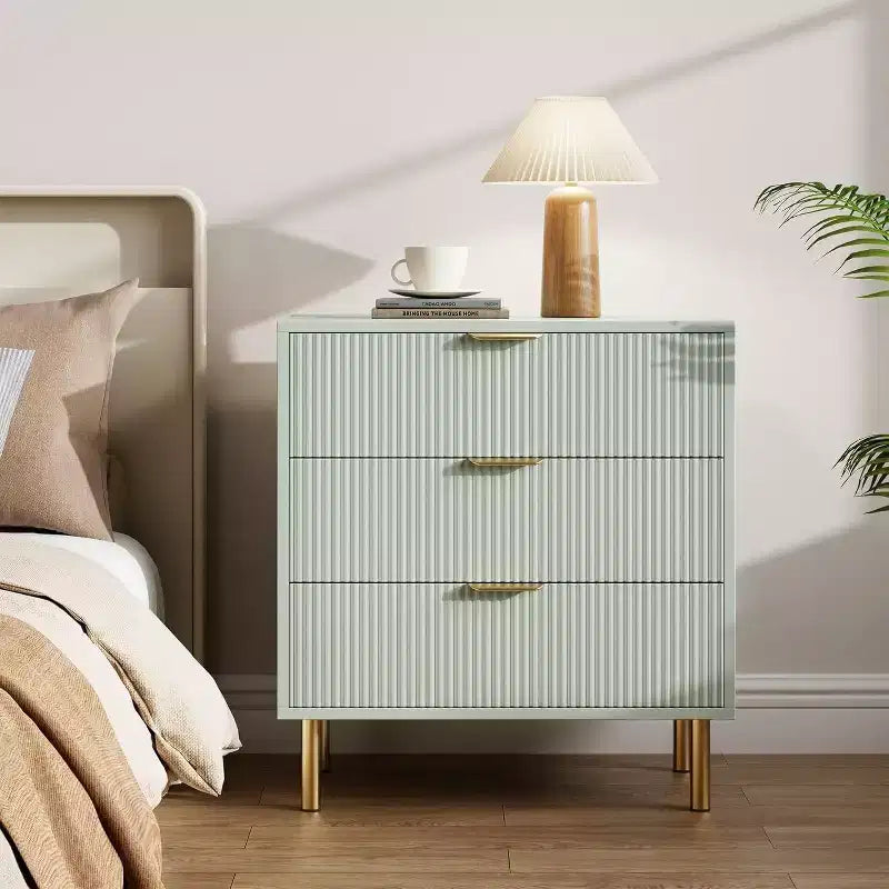 Commode en bois cannelé à 3 tiroirs, 71 cm de large, coffre moderne, organisateur de rangement de chambre avec poignée dorée pour salon, entrée, couloir