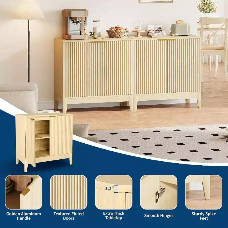 Buffet de rangement cannelé 32 po avec étagères réglables, style moderne du milieu du siècle, idéal pour l'entrée ou la cuisine