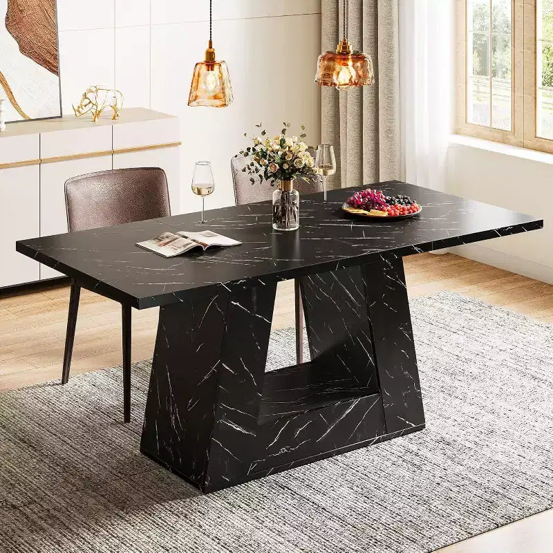 Lantine Dining Table for 4-6, 63Modern Wooden Faux Marble Dinner Table with Sturdy Base for Kitchen, Living Room, Black