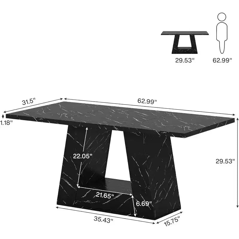 Table à manger pour 4-6 personnes, table à dîner moderne en bois avec plateau imitation marbre et base robuste pour cuisine, salon, noire