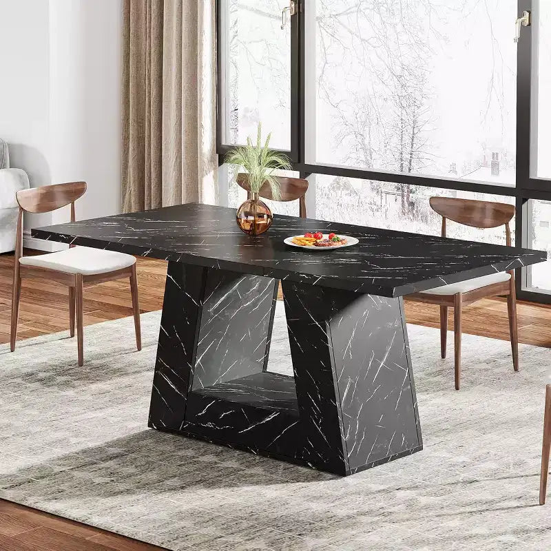 Table à manger pour 4-6 personnes, table à dîner moderne en bois avec plateau imitation marbre et base robuste pour cuisine, salon, noire