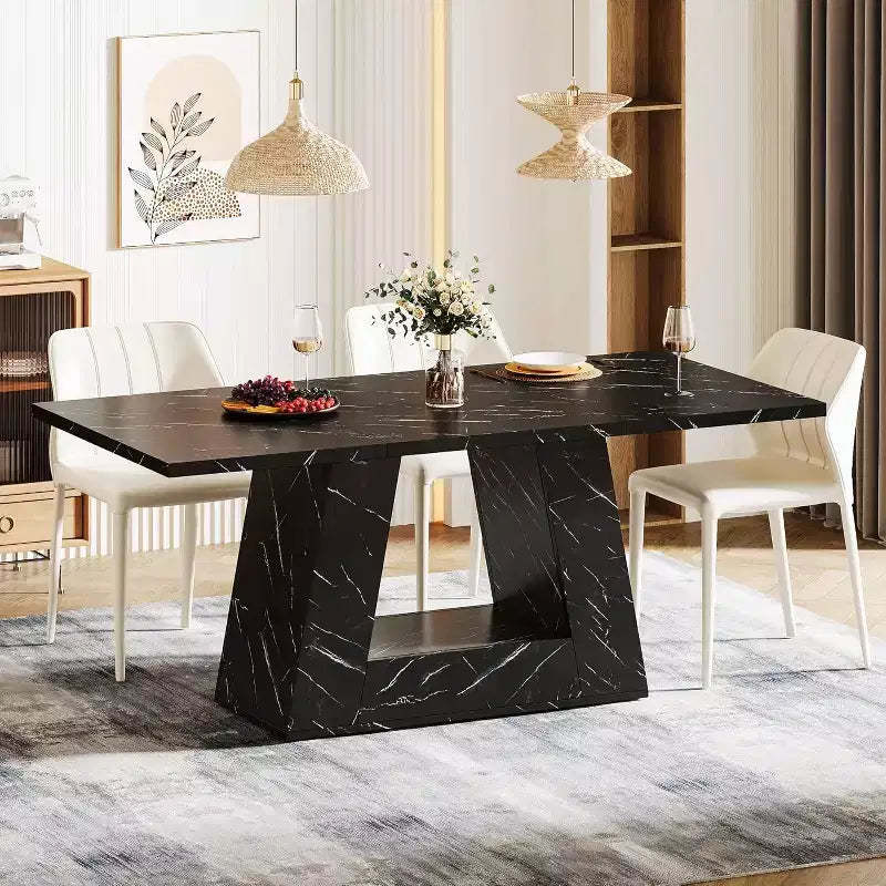 Table à manger pour 4-6 personnes, table à dîner moderne en bois avec plateau imitation marbre et base robuste pour cuisine, salon, noire