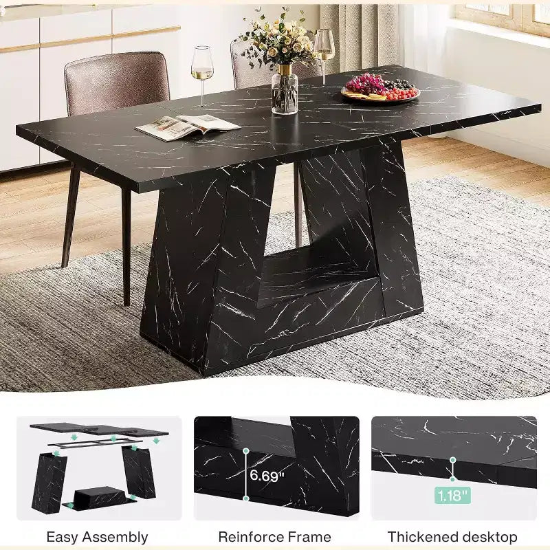 Table à manger pour 4-6 personnes, table à dîner moderne en bois avec plateau imitation marbre et base robuste pour cuisine, salon, noire