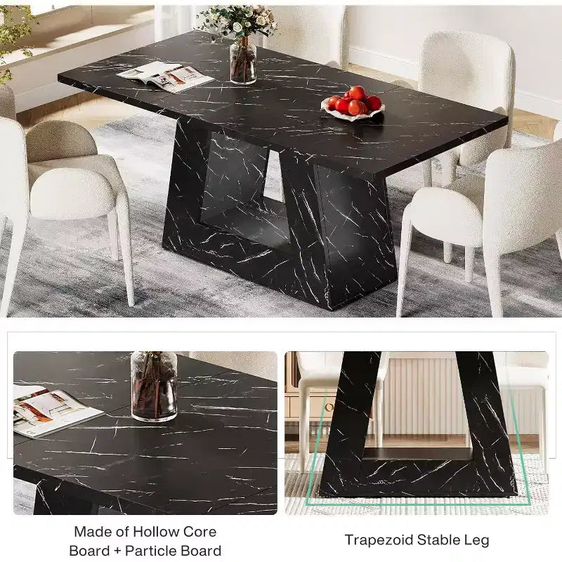 Table à manger pour 4-6 personnes, table à dîner moderne en bois avec plateau imitation marbre et base robuste pour cuisine, salon, noire