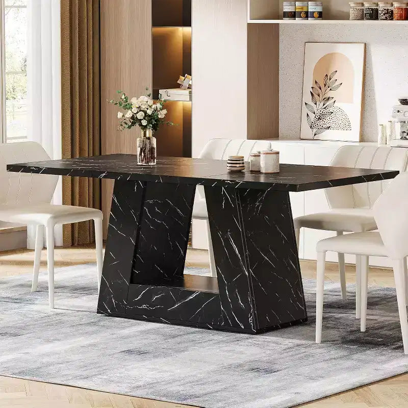 Table à manger pour 4-6 personnes, table à dîner moderne en bois avec plateau imitation marbre et base robuste pour cuisine, salon, noire