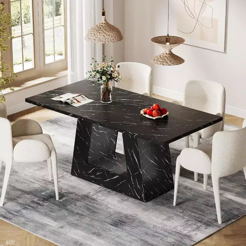 Table à manger pour 4-6 personnes, table à dîner moderne en bois avec plateau imitation marbre et base robuste pour cuisine, salon, noire