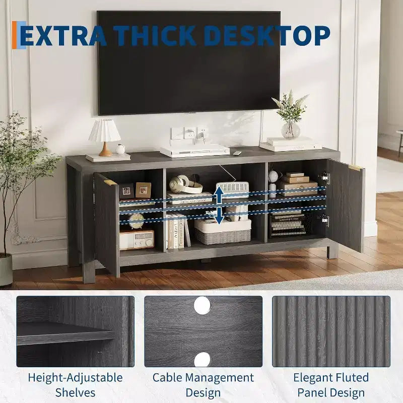 Meuble TV 65 pouces, meuble de divertissement TV moderne du milieu du siècle avec armoires de rangement et étagères ouvertes, meuble TV en bois pour le salon