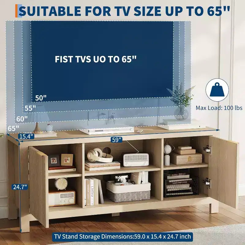 Meuble TV 65 pouces, meuble de divertissement TV moderne du milieu du siècle avec armoires de rangement et étagères ouvertes, meuble TV en bois pour le salon