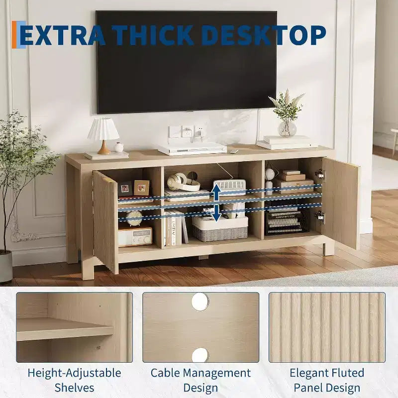 Meuble TV 65 pouces, meuble de divertissement TV moderne du milieu du siècle avec armoires de rangement et étagères ouvertes, meuble TV en bois pour le salon
