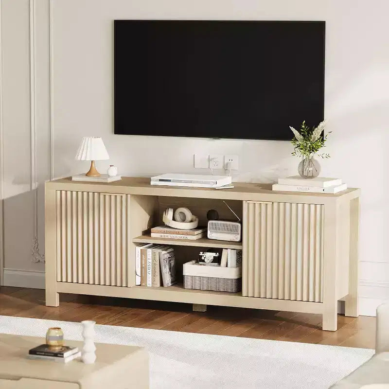 Meuble TV 65 pouces, meuble de divertissement TV moderne du milieu du siècle avec armoires de rangement et étagères ouvertes, meuble TV en bois pour le salon