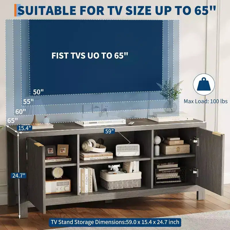 Meuble TV 65 pouces, meuble de divertissement TV moderne du milieu du siècle avec armoires de rangement et étagères ouvertes, meuble TV en bois pour le salon