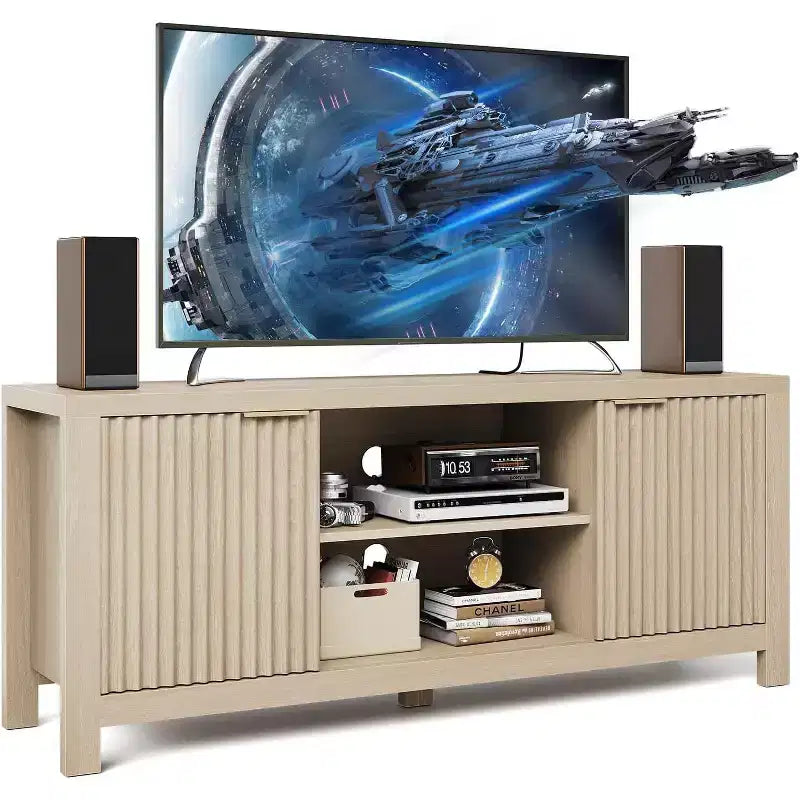 TV Stand 65 Inches, Mid Century Modern TV Entertainment Center with Storage Cabinets & Open Shelves, Wood TV Cabinet for Living Room