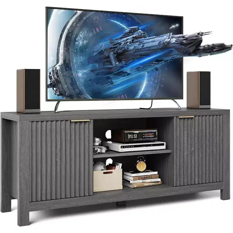 Meuble TV 65 pouces, meuble de divertissement TV moderne du milieu du siècle avec armoires de rangement et étagères ouvertes, meuble TV en bois pour le salon