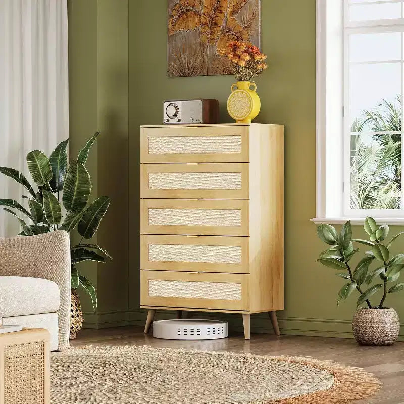 GALAXHERO 5-Drawer Tall Wooden Dresser - Storage Organizer with Metal Handles for Bedroom, Living Room, Hallway & Closet,White
