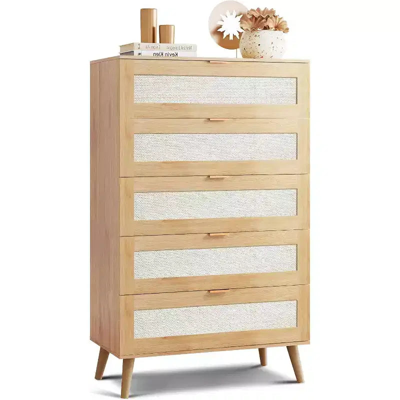 Commode Haute à 5 Tiroirs en Bois - Organisateur de Rangement avec Poignées en Métal pour Chambre, Salon, Couloir et Placard, Blanc