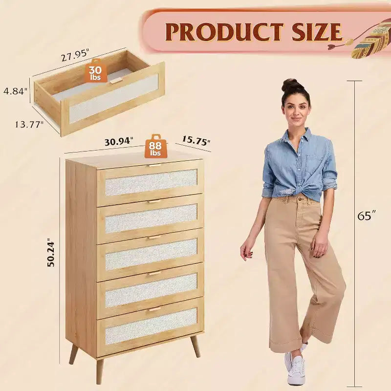 Commode Haute à 5 Tiroirs en Bois - Organisateur de Rangement avec Poignées en Métal pour Chambre, Salon, Couloir et Placard, Blanc