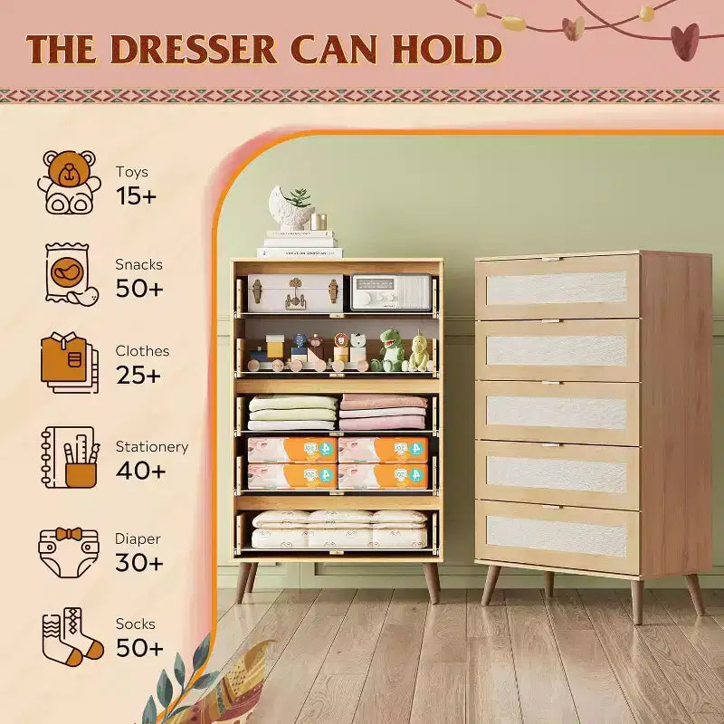 Commode Haute à 5 Tiroirs en Bois - Organisateur de Rangement avec Poignées en Métal pour Chambre, Salon, Couloir et Placard, Blanc