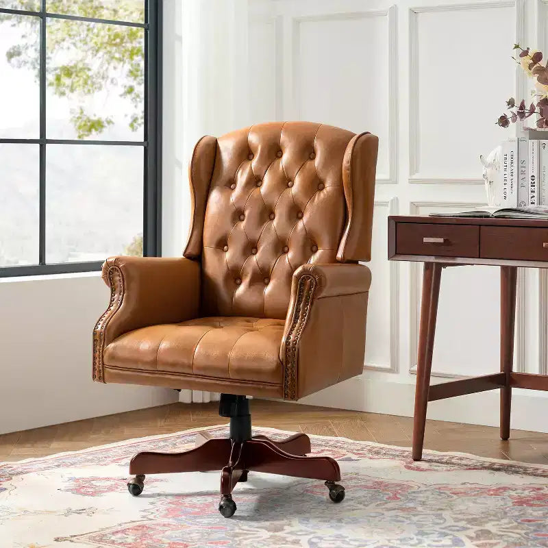 Fauteuil de bureau de direction traditionnel en similicuir avec piétement en bois massif et dossier capitonné