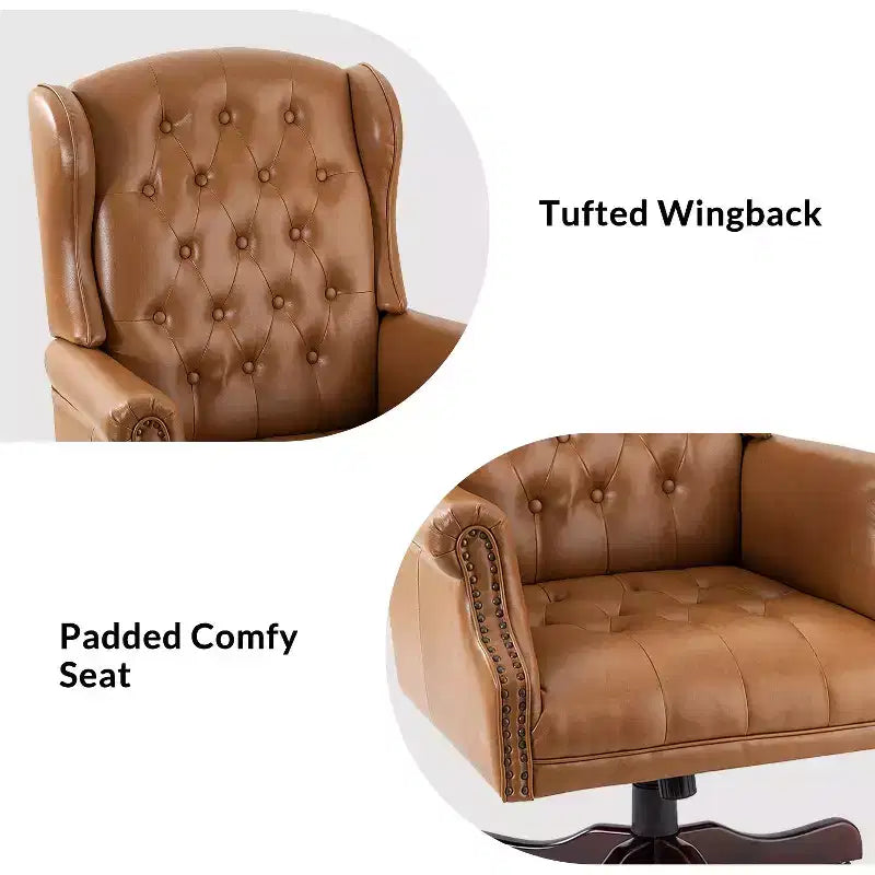 Fauteuil de bureau de direction traditionnel en similicuir avec piétement en bois massif et dossier capitonné