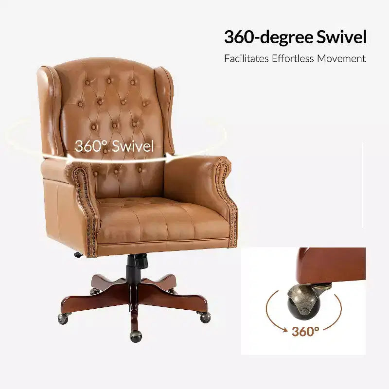Fauteuil de bureau de direction traditionnel en similicuir avec piétement en bois massif et dossier capitonné