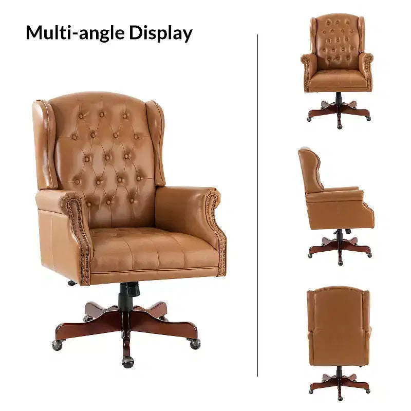 Fauteuil de bureau de direction traditionnel en similicuir avec piétement en bois massif et dossier capitonné
