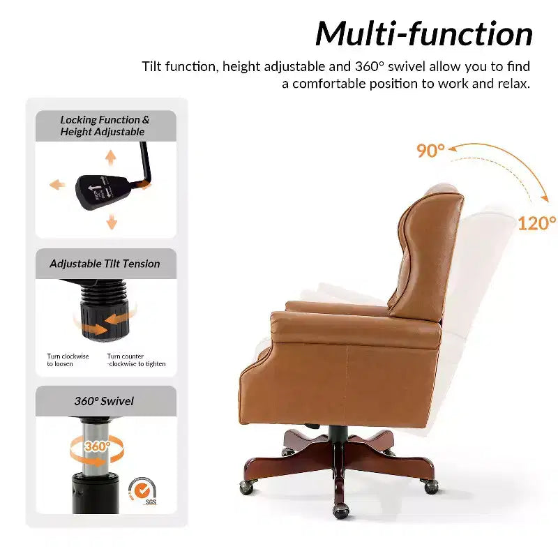 Fauteuil de bureau de direction traditionnel en similicuir avec piétement en bois massif et dossier capitonné